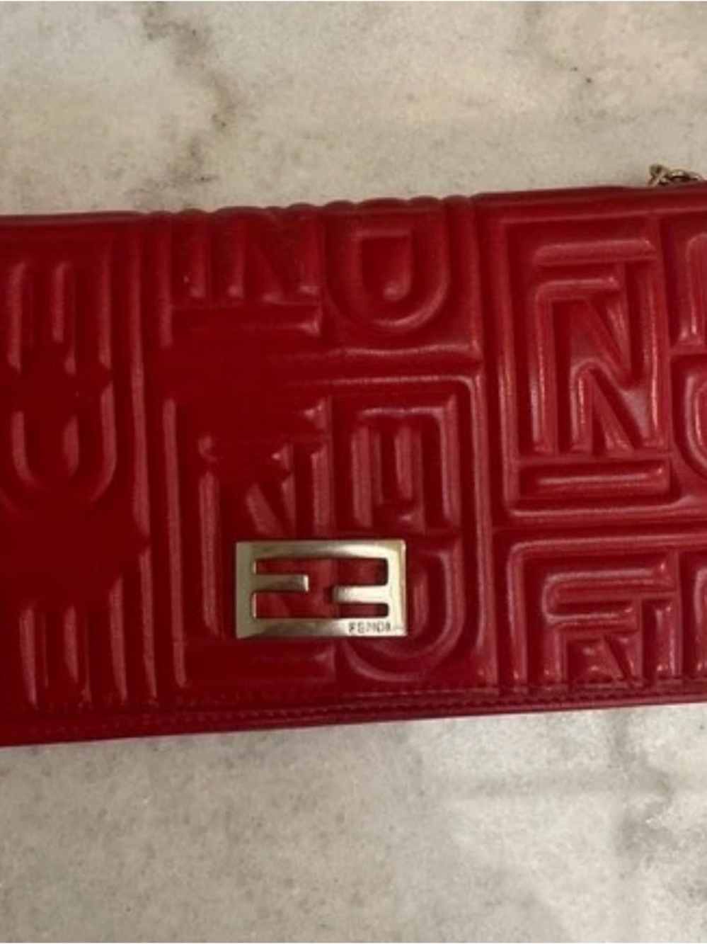 Fendi Red Embossed FF Logo Leather Clutch w/ Metal chain crossbody - Picture 2 of 12